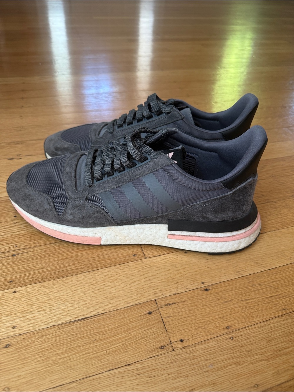 adidas Men's Grey Suede & Mesh Sneakers with Pink Accent